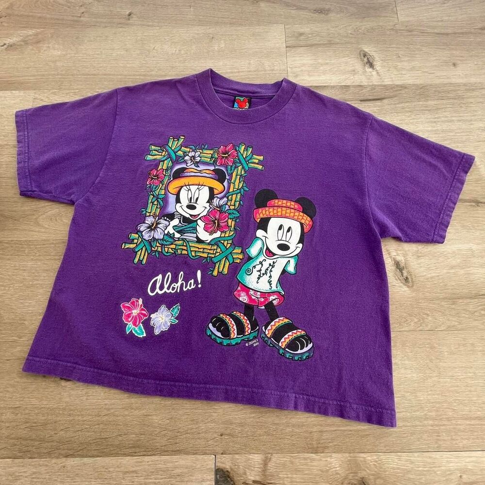 VTG 90's Disney Mickey Mouse Purple Aloha T-Shirt Cropped Hawaii GRAIL Vacation